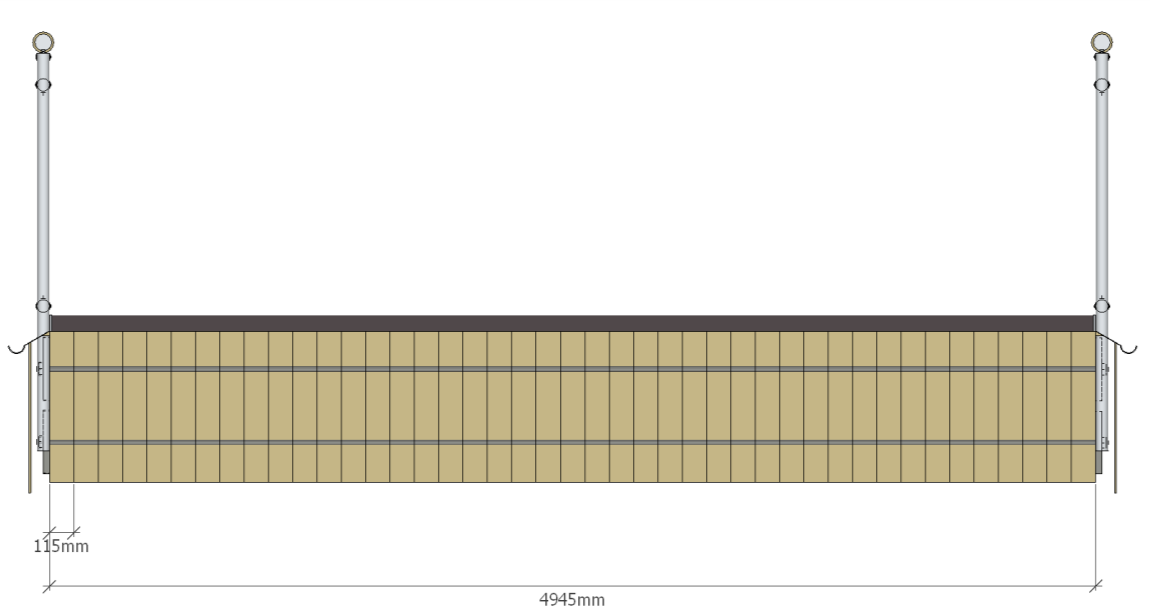 Figur 7.2. Överbyggnadens tvärsnitt bestående av 43 stycken limträbalkar tvärspända med dubbla stålstag. På bilden syns även paneler och täckande dropplåt med tillhörande ränna.