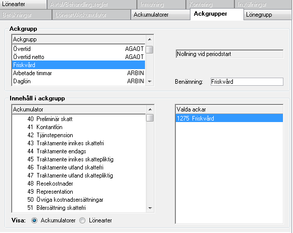 Kontroll kan sedan göras på aktuell löneperiod och kolumnen: Nollställer Ackgrupp. Om ingen ackgrupp finns upplagd. Sökväg: Moduler>Systemmodul > Företag Markera: Lägg till.