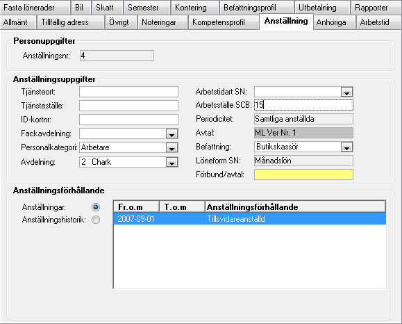 I modulen Personal>Anställning anger du anställning för de anställda som avviker från inställningen på företaget.