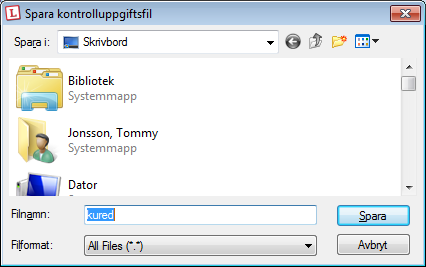 Markera: Skapa kontrolluppgiftsfil Klicka på knappen Skapa ku-fil och på nästa fönster Skapa ku-fil. Välj i nedanstående fönster var filen ska sparas.