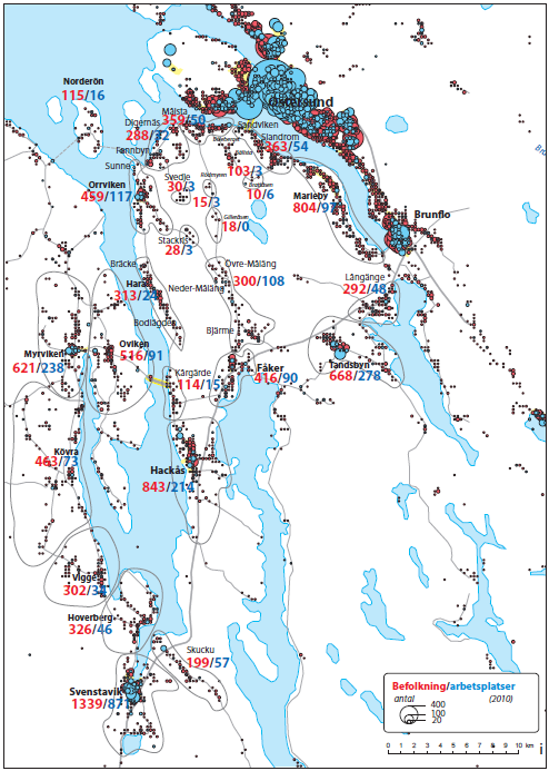 Figur 3. Befolkningsantal och antal arbetsplatser 2010 Källa: SCB, bearbetat ÅF Infraplan 3.2.4 Pendling Befolkningen i kommunen är till stor del utspridd längs med huvudpendlingsstråket in till Östersund.