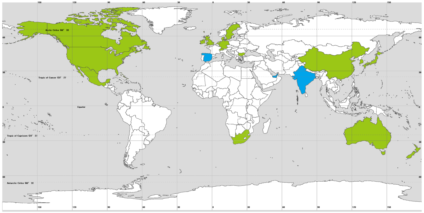 I Figur 4 nedan visas spridningen av certifieringssystem för stadsdelar världen över. De länder som är markerade med grönt är de länder där de system som har undersökt i detta arbete används.