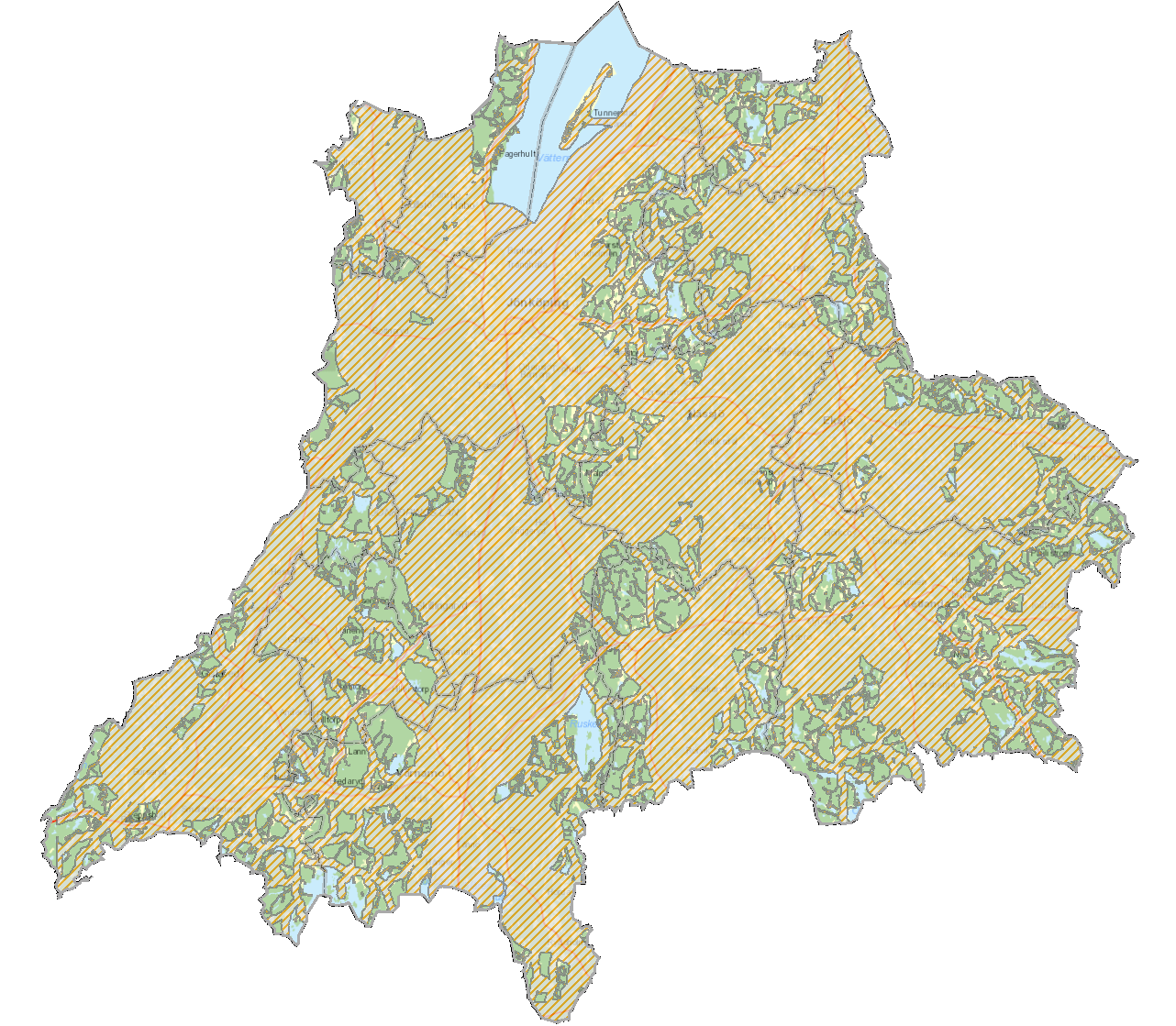 Ostörda områden Figur 40. Ostörda områden ur ett bullerperspektiv. Grön färg indikerar att området är ostört. Kartan visar på att länet är väldigt fragmenterat.