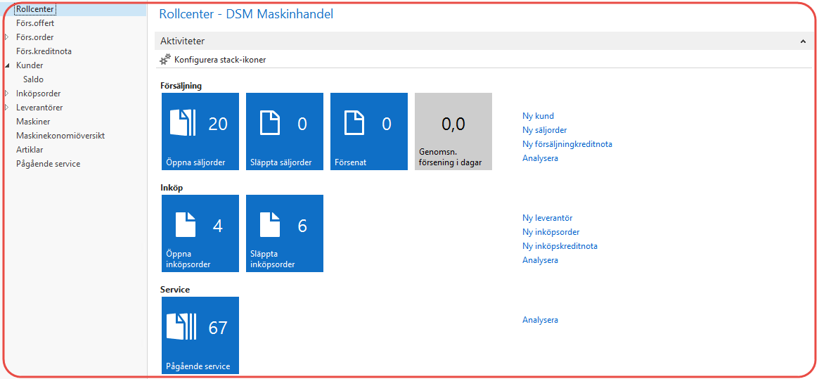 Rollcenter (Shift+F12) I DSM finns 4 standard rollecenter til Adm./Bokföring, Lager, Service och Maskinhandel.