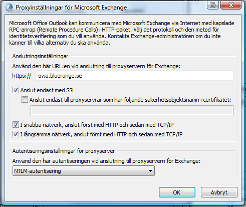 9. Gå till fliken Anslutning. Bocka i rutan Anslut till Microsoft Exchange med http. Tryck sedan på knappen Proxy inställningar för Exchange. 10.