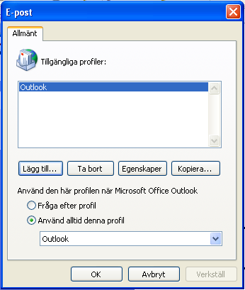 13. Tryck på knappen Slutför. 14. Välj att denna profil alltid ska användas och tryck på OK. 15. Stäng kontrollpanelen och starta Outlook 2003. 16.