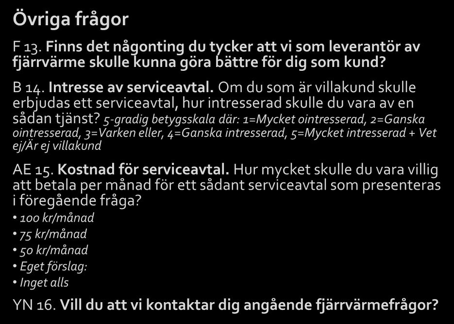 Samtliga frågor 2(2) Förklaring till koder för frågetyper: B = betyg, AE = alternativ enval, BPI=Priofaktor, YN = Ja eller nej, F = fritext Leverantör av fjärrvärme Hur nöjd är du med 5-gradig