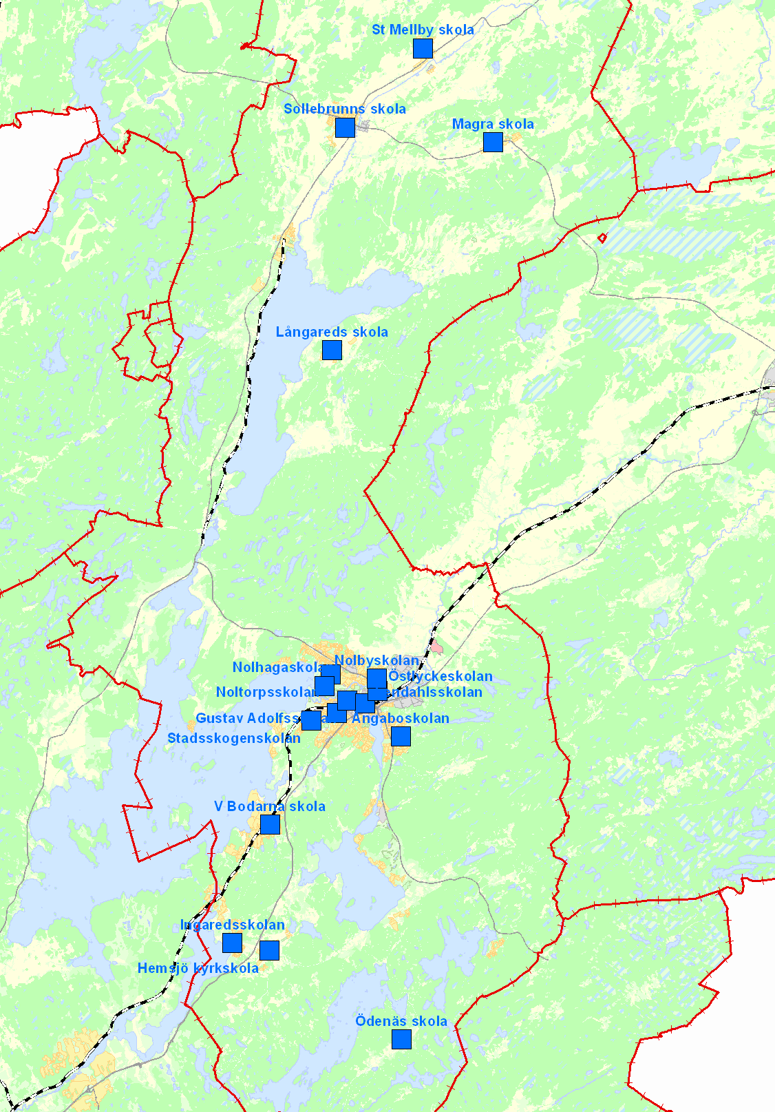 3.3 Karta (med skolor och antalet elever/förskolebarn angivet) St Mellby skola F-6 Elever vt-13 89 Förskola 18 Sollebrunns skola F-9 Elever vt-13 376 Förskola 35 Magra skola F-6 Elever vt-13 45