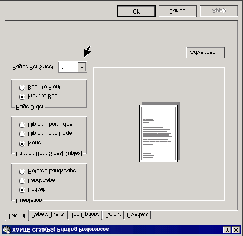 SKRIVA UT FLERA SIDOR PÅ ETT ARK Skrivardrivrutin för PostScript: 1. Klicka på fliken [General (Allmänt)], knappen [Printing Preferences (Utskriftsinställningar)] och sedan på fliken [Layout].