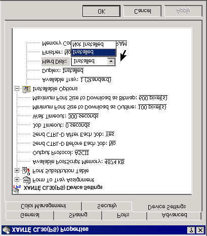 INTERN HÅRDDISK PostScript 1. Öppna skrivarens inställningsfönster via [Start] menyn. 2. Markera skrivarnamnet och klicka på [File (Arkiv)] och sedan på [Properties (Egenskaper)]. 3.