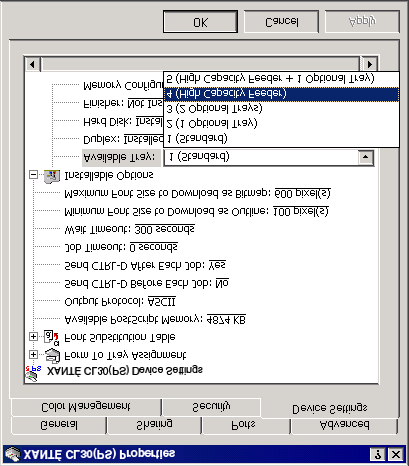 HÖGKAPACITETSMATARE PostScript 1. Öppna skrivarens inställningsfönster via [Start] menyn. 2. Markera skrivarnamnet och klicka på [File (Arkiv)] och sedan på [Properties (Egenskaper)]. 3.