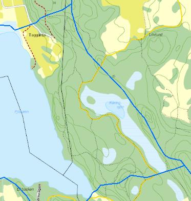 Skog Våtmark Vattenyta Figur 12. Djupkarta över Käringsjön. Kartan till höger visar avrinningsområdets ungefärliga geografiska avgränsning och ovan den redovisas markanvändningen.