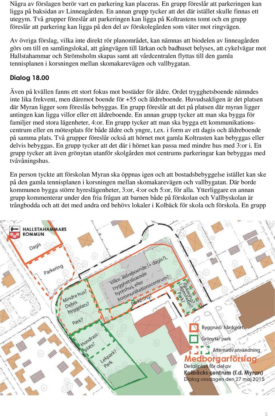 Av övriga förslag, vilka inte direkt rör planområdet, kan nämnas att biodelen av linneagården görs om till en samlingslokal, att gångvägen till lärkan och badhuset belyses, att cykelvägar mot