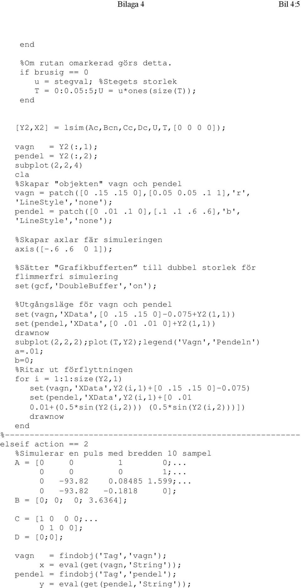 01.1 0],[.1.1.6.6],'b', 'LineStyle','none'); %Skapar axlar fär simuleringen axis([-.6.6 0 1]); %Sätter "Grafikbufferten till dubbel storlek för flimmerfri simulering set(gcf,'doublebuffer','on'); %Utgångsläge för vagn och pel set(vagn,'xdata',[0.