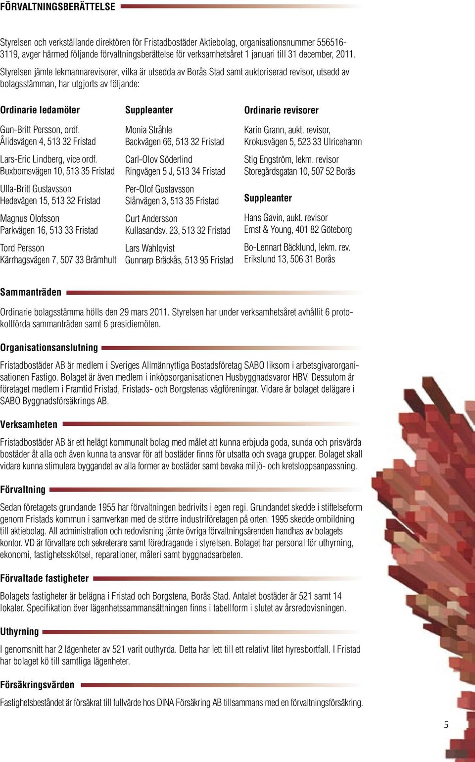 Styrelsen jämte lekmannarevisorer, vilka är utsedda av Borås Stad samt auktoriserad revisor, utsedd av bolagsstämman, har utgjorts av följande: Ordinarie ledamöter Gun-Britt Persson, ordf.