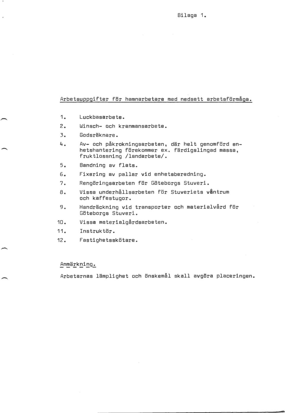 Fixering av pallar vid enhetsberedning. 7. Rengöringsarbeten för Göteborgs Stuveri. a. Vissa underhållsarbeten för Stuveriets vantrum och kaffestugor. 9.