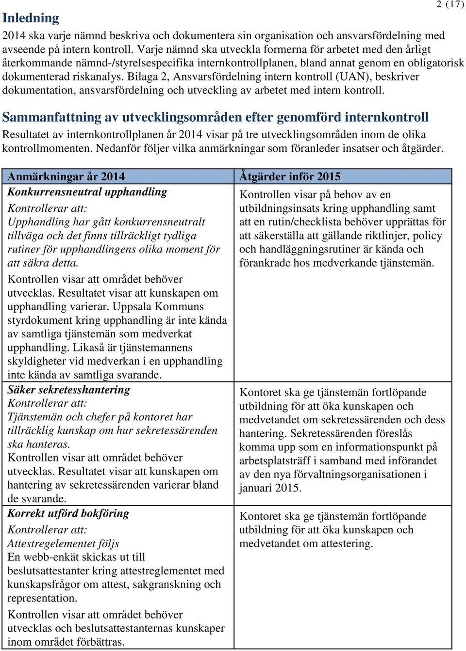 Bilaga 2, Ansvarsfördelning intern kontroll (UAN), beskriver dokumentation, ansvarsfördelning och utveckling av arbetet med intern kontroll.