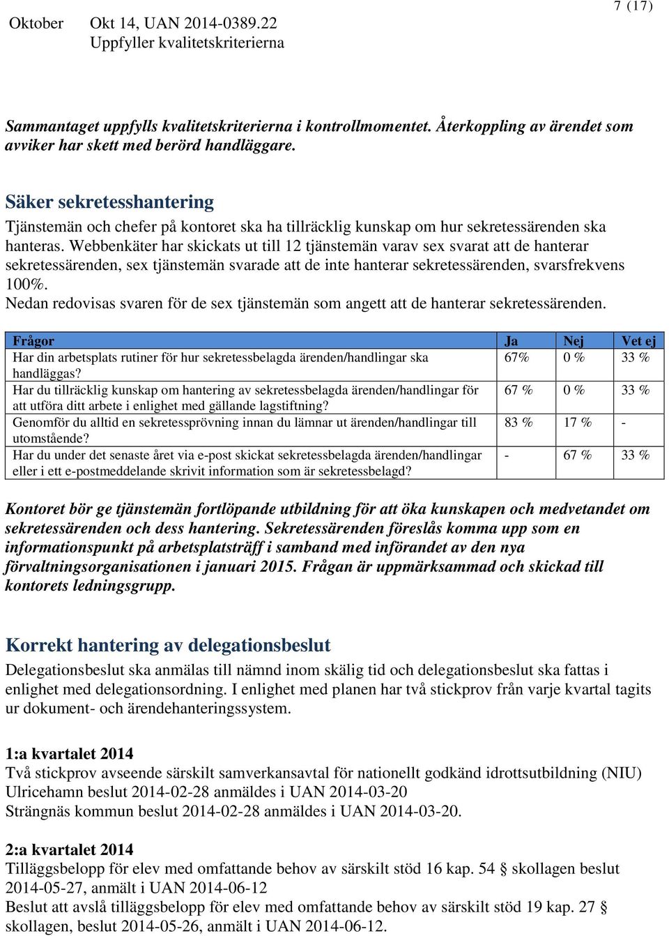 Webbenkäter har skickats ut till 12 tjänstemän varav sex svarat att de hanterar sekretessärenden, sex tjänstemän svarade att de inte hanterar sekretessärenden, svarsfrekvens 100%.