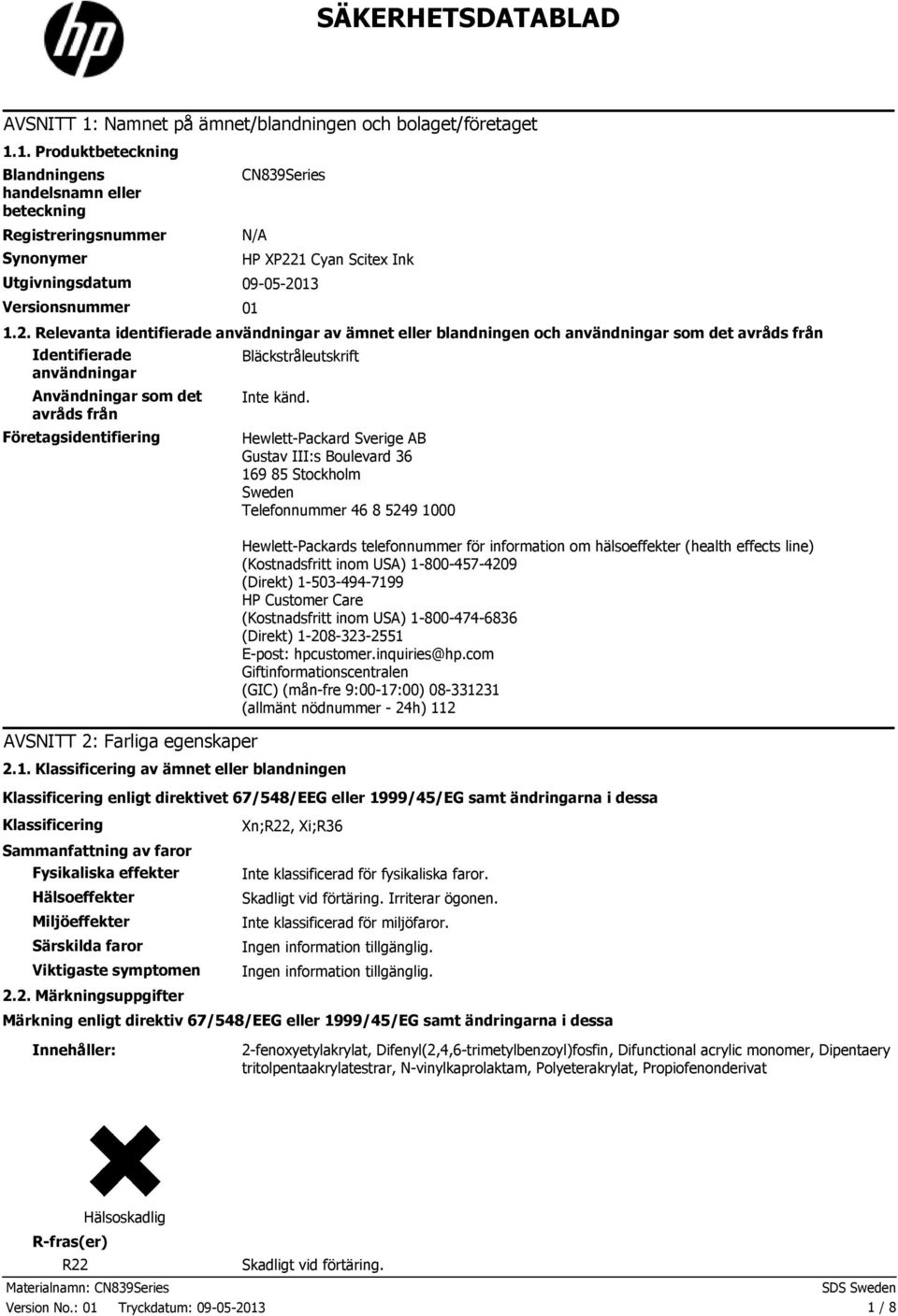 1. Produktbeteckning Blandningens handelsnamn eller beteckning Registreringsnummer Synonymer CN839Series N/A Utgivningsdatum 090520