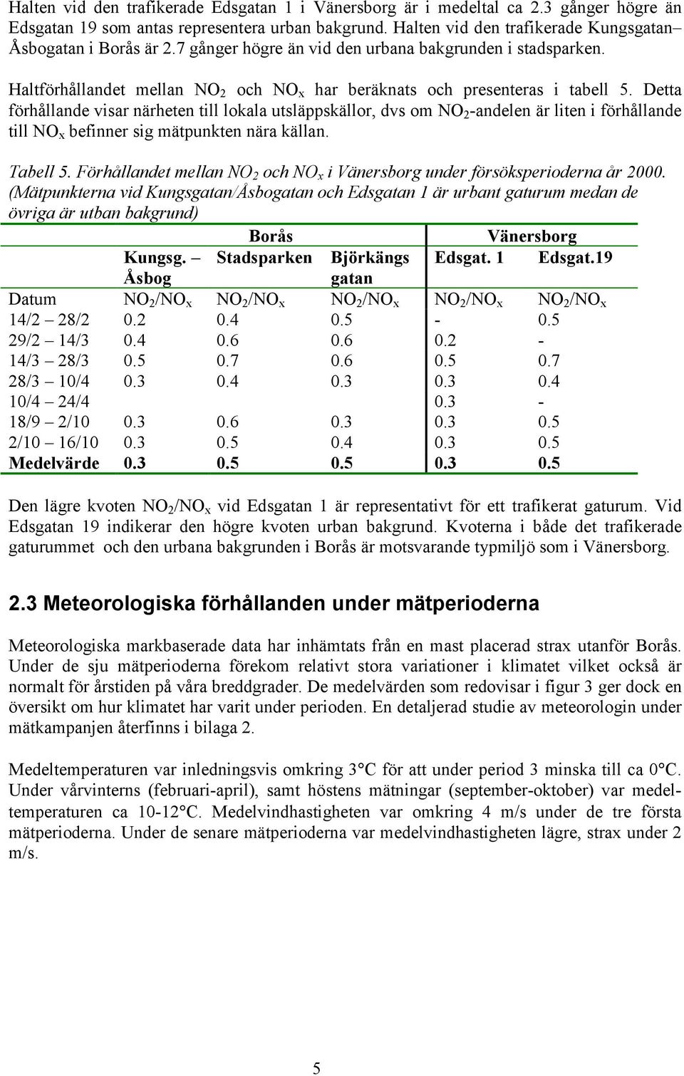 Detta förhållande visar närheten till lokala utsläppskällor, dvs om NO 2 -andelen är liten i förhållande till NO x befinner sig mätpunkten nära källan. Tabell.