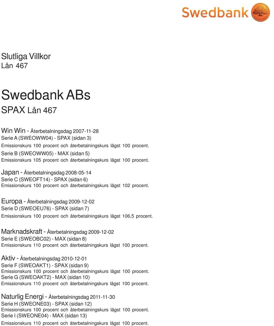 Japan - Återbetalningsdag 2008-05-14 Serie C (SWEOFT14) - SPAX (sidan 6) Emissionskurs 100 procent och återbetalningskurs lägst 102 procent.