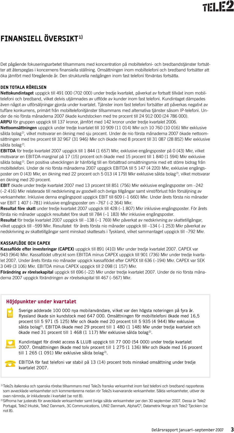 DEN TOTALA RÖRELSEN Nettokundintaget uppgick till 491 000 (702 000) under tredje kvartalet, påverkat av fortsatt tillväxt inom mobiltelefoni och bredband, vilket delvis utjämnades av utfl öde av