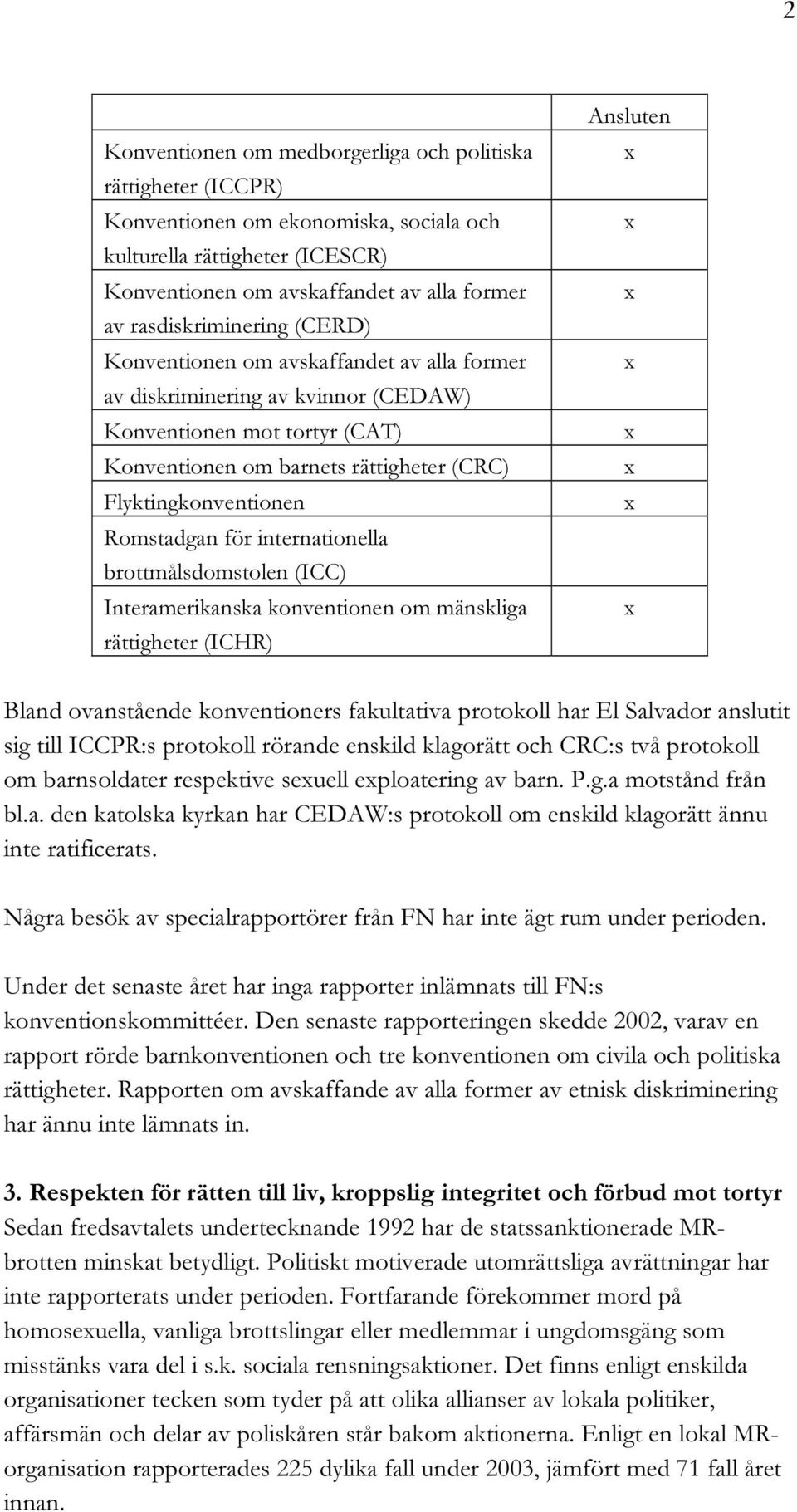 Romstadgan för internationella brottmålsdomstolen (ICC) Interamerikanska konventionen om mänskliga rättigheter (ICHR) Ansluten Bland ovanstående konventioners fakultativa protokoll har El Salvador