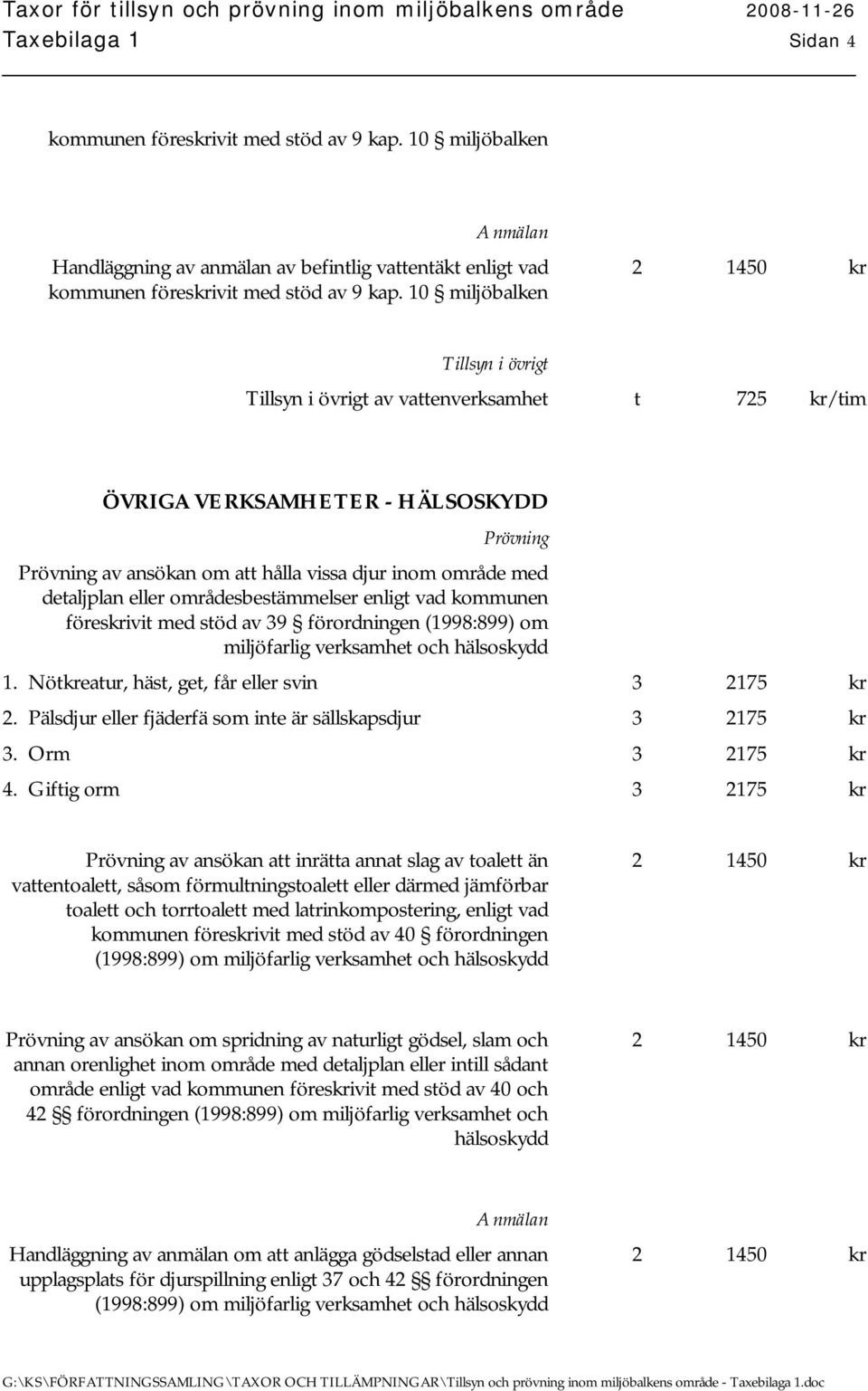 områdesbestämmelser enligt vad kommunen föreskrivit med stöd av 39 förordningen (1998:899) om miljöfarlig verksamhet och hälsoskydd 1. Nötkreatur, häst, get, får eller svin 3 2175 kr 2.