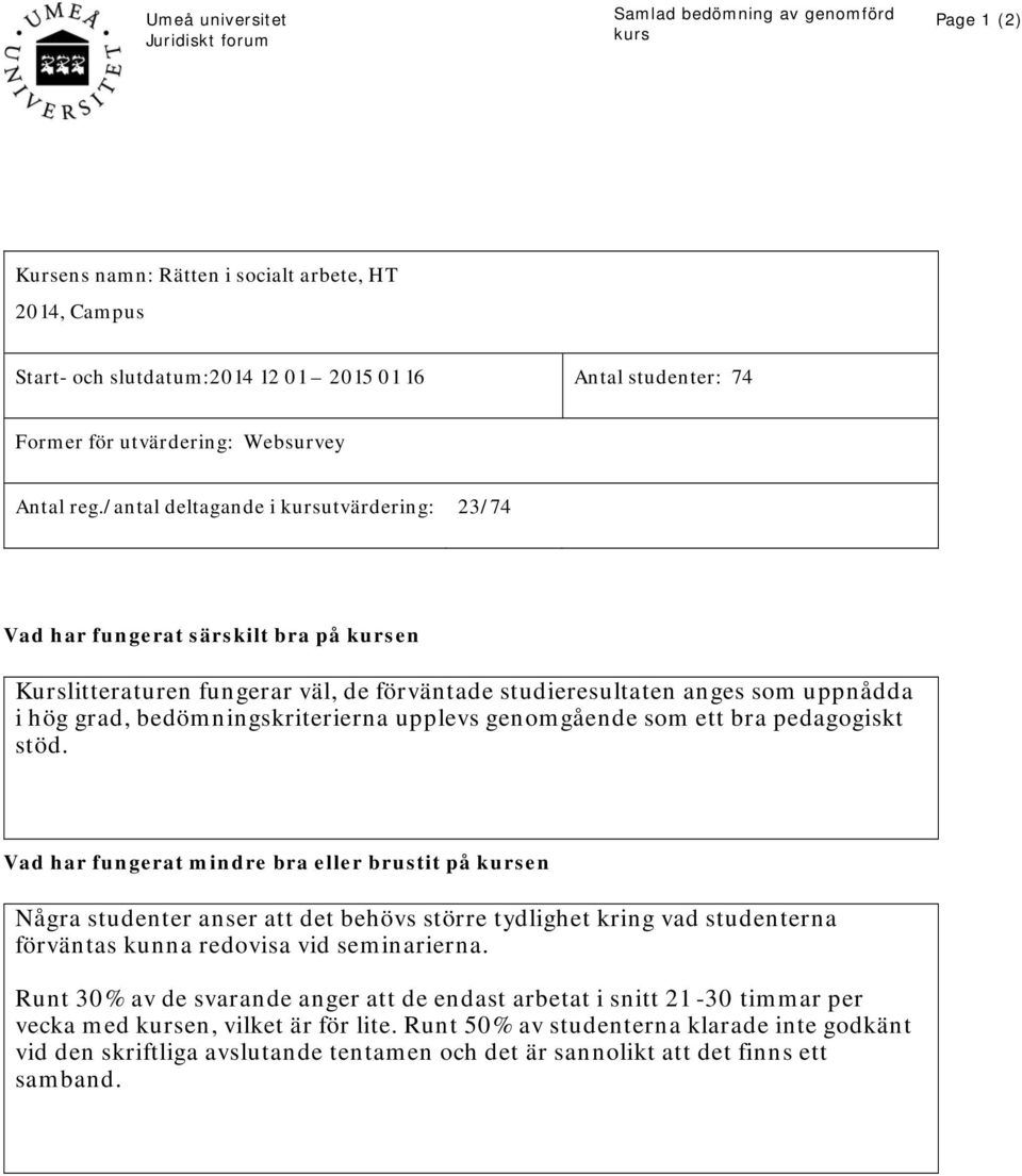 /antal deltagande i kursutvärdering: 2/74 Vad har fungerat särskilt bra på kursen Kurslitteraturen fungerar väl, de förväntade studieresultaten anges som uppnådda i hög grad, bedömningskriterierna