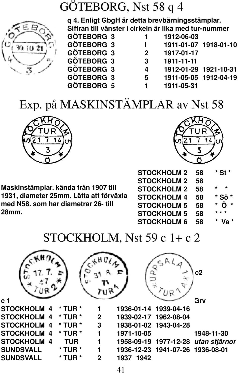 GÖTEBORG 3 5 1911-05-05 1912-04-19 GÖTEBORG 5 1 1911-05-31 Exp. på MASKINSTÄMPLAR av Nst 58 Maskinstämplar. kända från 1907 till 1931, diameter 25mm. Lätta att förväxla med N58.