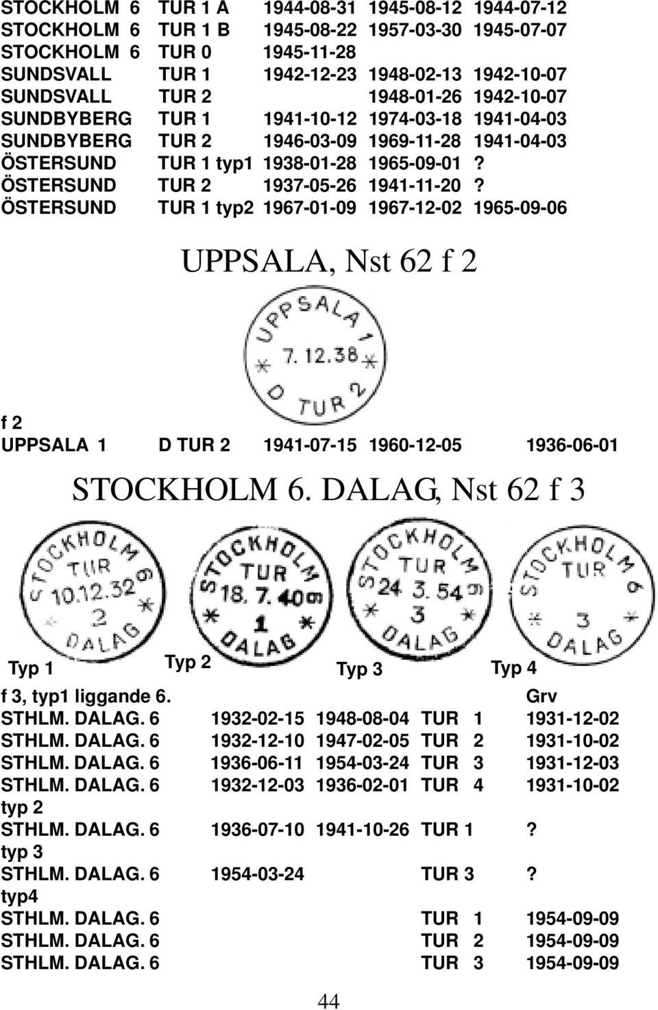 ÖSTERSUND TUR 2 1937-05-26 1941-11-20? ÖSTERSUND TUR 1 typ2 1967-01-09 1967-12-02 1965-09-06 UPPSALA, Nst 62 f 2 f 2 UPPSALA 1 D TUR 2 1941-07-15 1960-12-05 1936-06-01 STOCKHOLM 6.