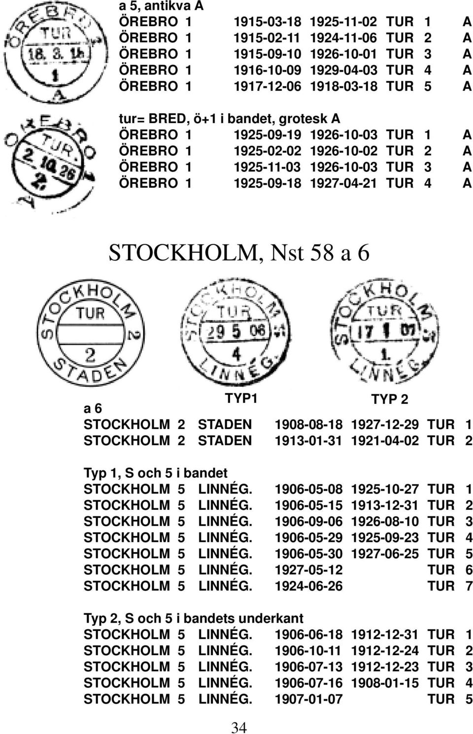 1927-04-21 TUR 4 A STOCKHOLM, Nst 58 a 6 a 6 TYP1 TYP 2 STOCKHOLM 2 STADEN 1908-08-18 1927-12-29 TUR 1 STOCKHOLM 2 STADEN 1913-01-31 1921-04-02 TUR 2 Typ 1, S och 5 i bandet STOCKHOLM 5 LINNÉG.