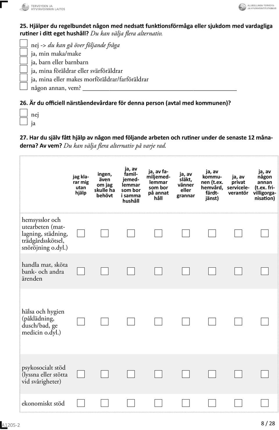 Är du officiell närståendevårdare för denna person (avtal med kommunen)? 27. Har du själv få hjälp av någon med fölnde arbeten och ru ner under de senaste 12 månaderna? Av vem?