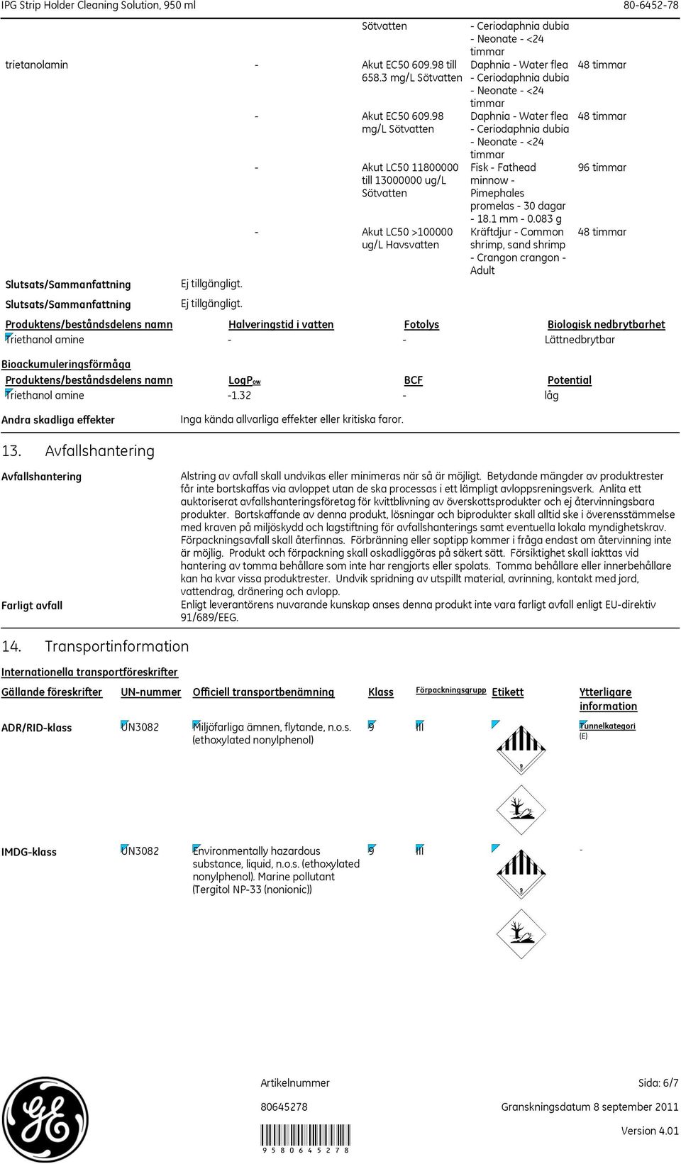 98 mg/l - Akut LC50 11800000 till 13000000 ug/l - Akut LC50 >100000 ug/l Havsvatten - Ceriodaphnia dubia - Ceriodaphnia dubia - Ceriodaphnia dubia Fisk - Fathead minnow - Pimephales promelas - 30