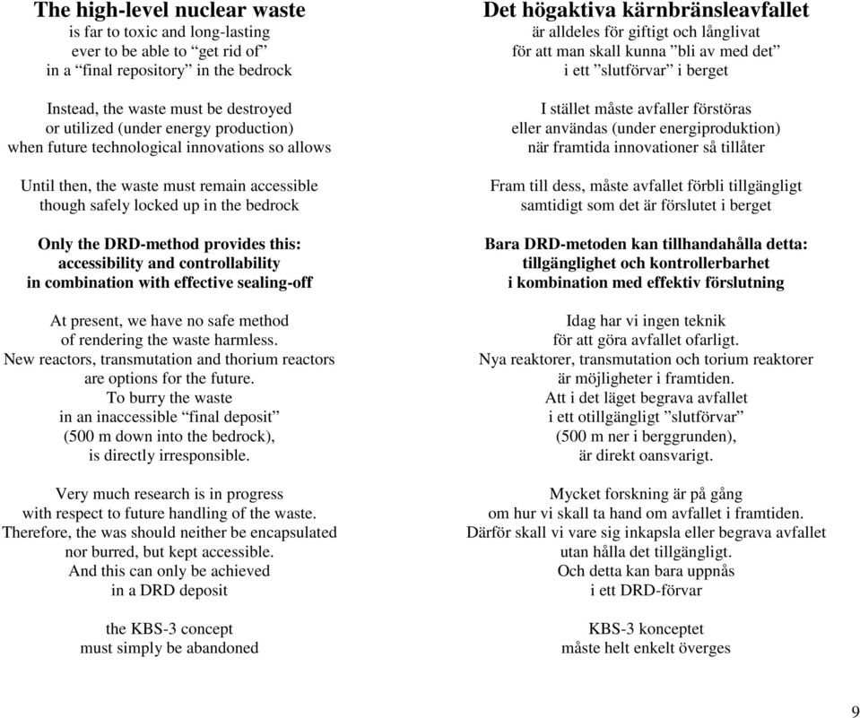 controllability in combination with effective sealing-off At present, we have no safe method of rendering the waste harmless.