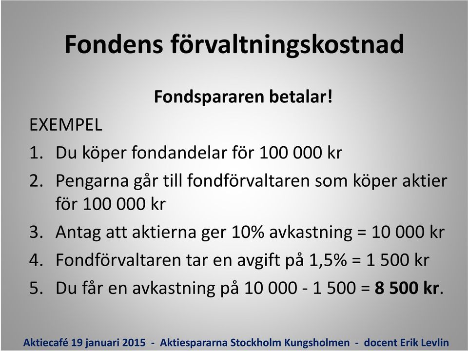 Pengarna går till fondförvaltaren som köper aktier för 100 000 kr 3.