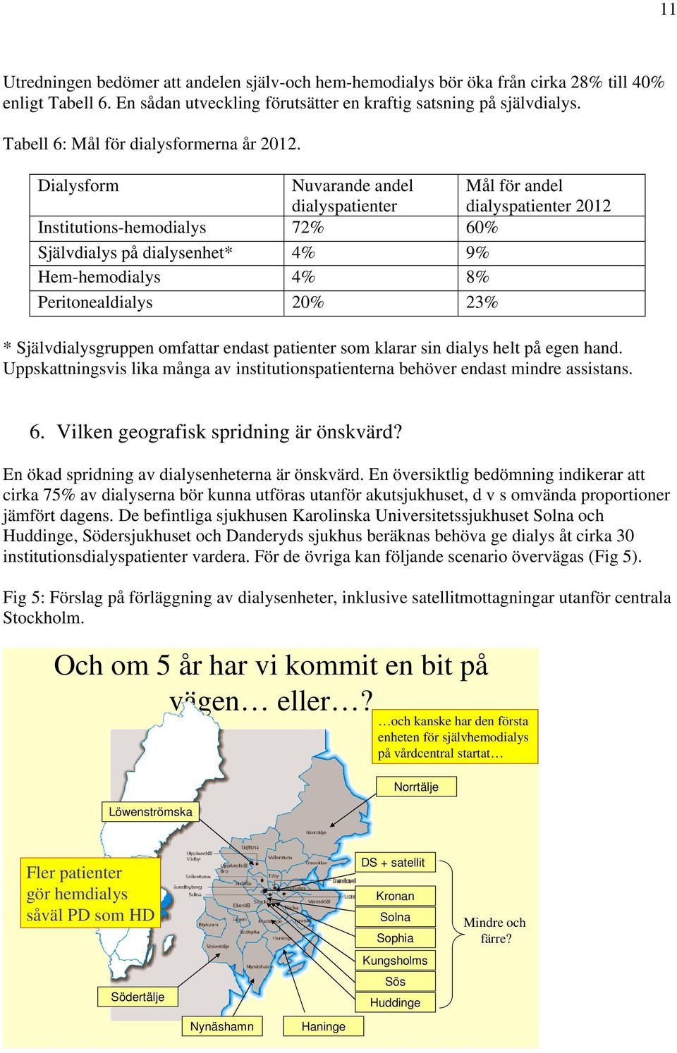 Dialysform Nuvarande andel dialyspatienter Mål för andel dialyspatienter 2012 Institutions-hemodialys 72% 60% Självdialys på dialysenhet* 4% 9% Hem-hemodialys 4% 8% Peritonealdialys 20% 23% *