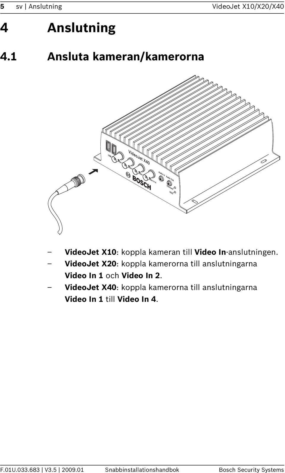 VideoJet X20: koppla kamerorna till anslutningarna Video In 1 och Video In 2.