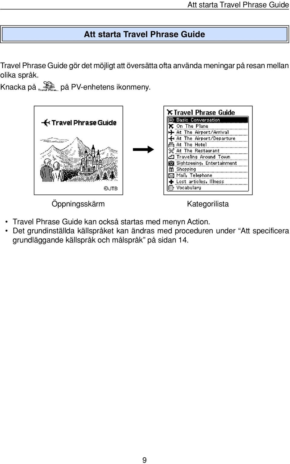 Öppningsskärm Kategorilista Travel Phrase Guide kan också startas med menyn Action.