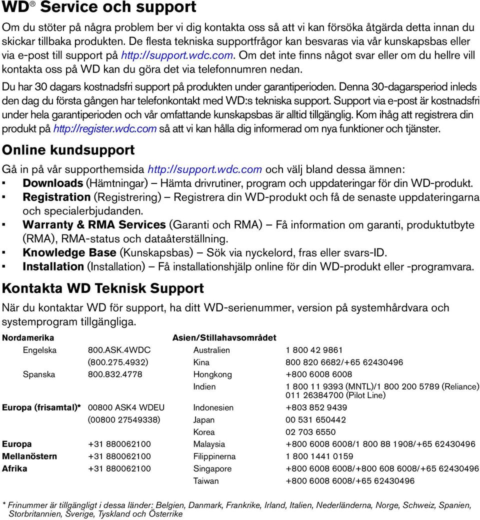 Om det inte finns något svar eller om du hellre vill kontakta oss på WD kan du göra det via telefonnumren nedan. Du har 30 dagars kostnadsfri support på produkten under garantiperioden.