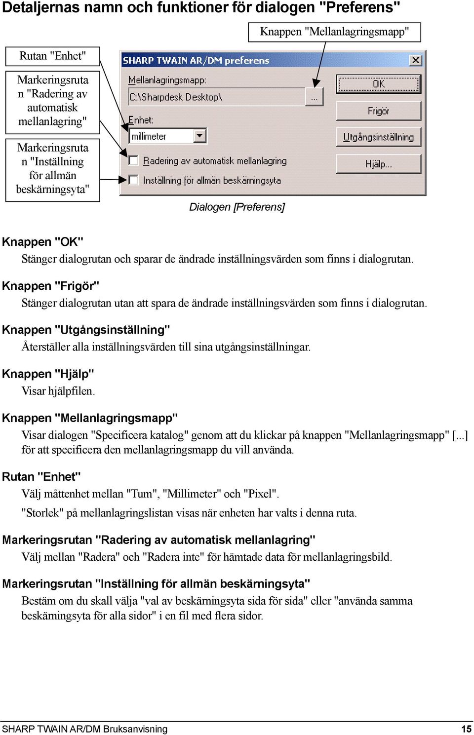 Knappen "Frigör" Stänger dialogrutan utan att spara de ändrade inställningsvärden som finns i dialogrutan.