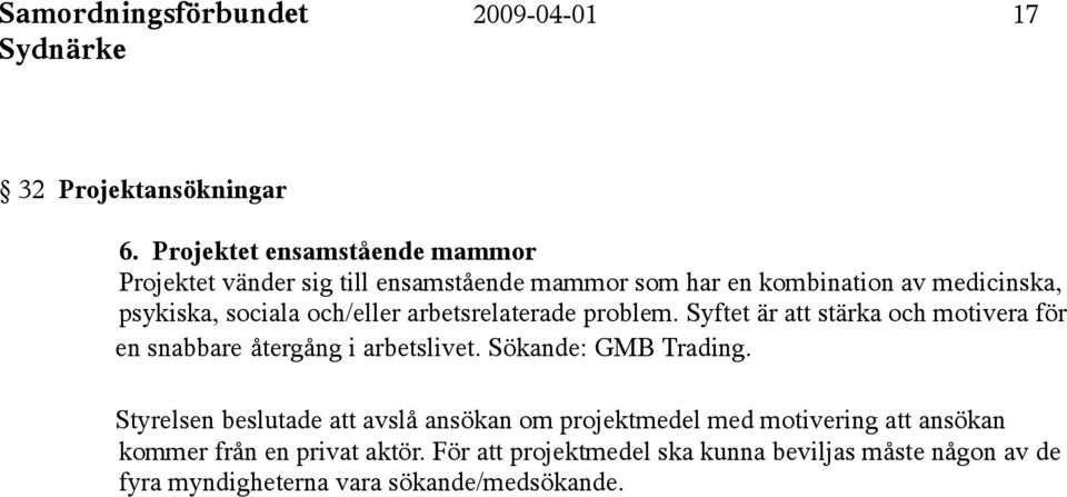 och/eller arbetsrelaterade problem. Syftet är att stärka och motivera för en snabbare återgång i arbetslivet. Sökande: GMB Trading.