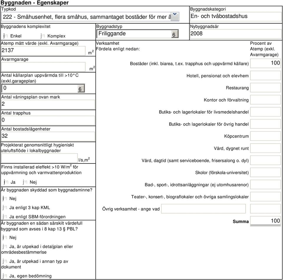 garageplan) 0 Antal våningsplan ovan mark Antal trapphus 0 Antal bostadslägenheter 3 Projekterat genomsnittligt hygieniskt uteluftsflöde i lokalbyggnader 6 m m Byggnadstyp Friliggande Verksamhet