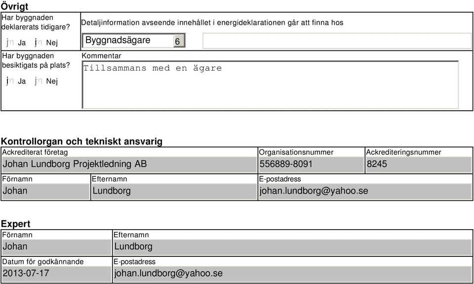 Kontrollorgan och tekniskt ansvarig Ackrediterat företag Johan Lundborg Projektledning AB Förnamn Johan Efternamn Lundborg