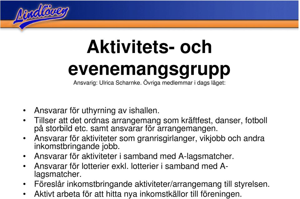 Ansvarar för aktiviteter som granrisgirlanger, vikjobb och andra inkomstbringande jobb. Ansvarar för aktiviteter i samband med A-lagsmatcher.