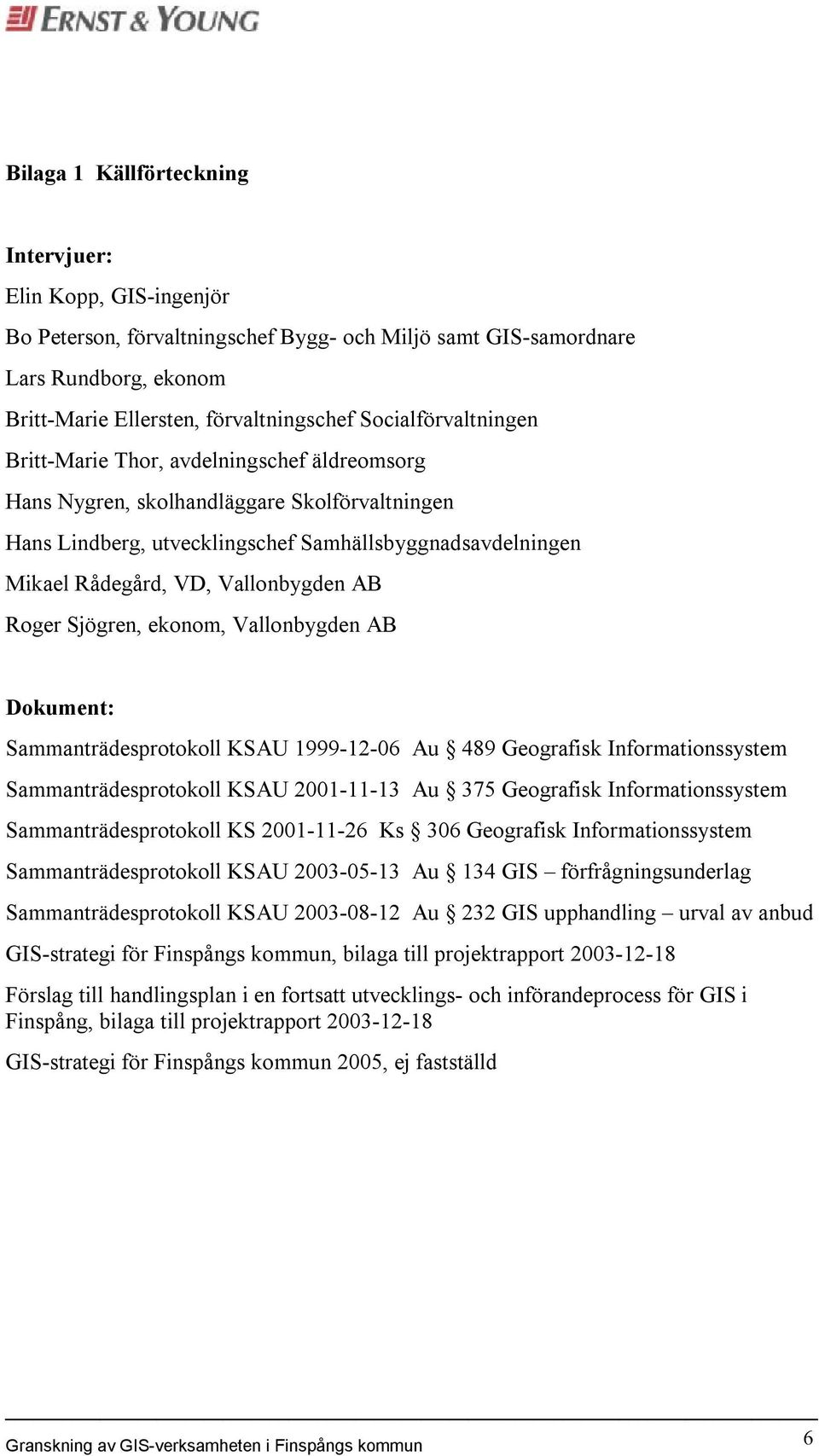 Vallonbygden AB Roger Sjögren, ekonom, Vallonbygden AB Dokument: Sammanträdesprotokoll KSAU 1999-12-06 Au 489 Geografisk Informationssystem Sammanträdesprotokoll KSAU 2001-11-13 Au 375 Geografisk