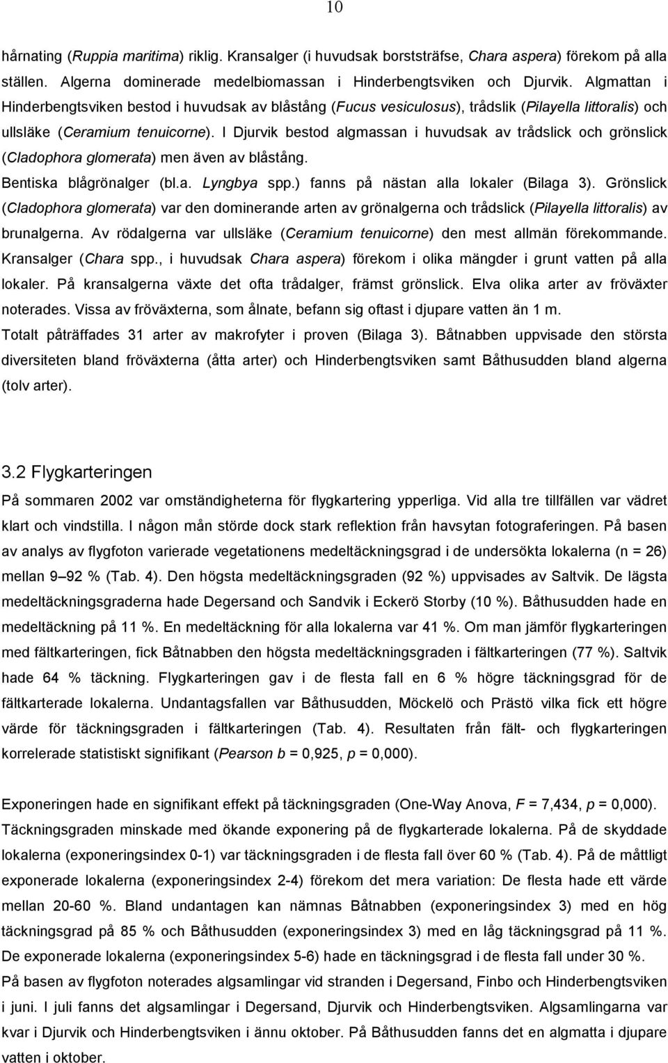 I Djurvik bestod algmassan i huvudsak av trådslick och grönslick (Cladophora glomerata) men även av blåstång. Bentiska blågrönalger (bl.a. Lyngbya spp.) fanns på nästan alla lokaler (Bilaga 3).