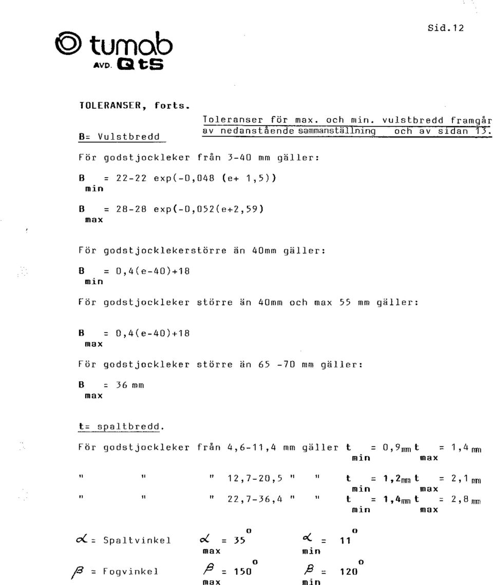 gdstjckleker större än 40mm ch max 55 mm gäller: B = 0,4(e-40)+18 max För gdstjckleker större än 65-70 mm gäller: B = 36 mm max t= spaltbredd.