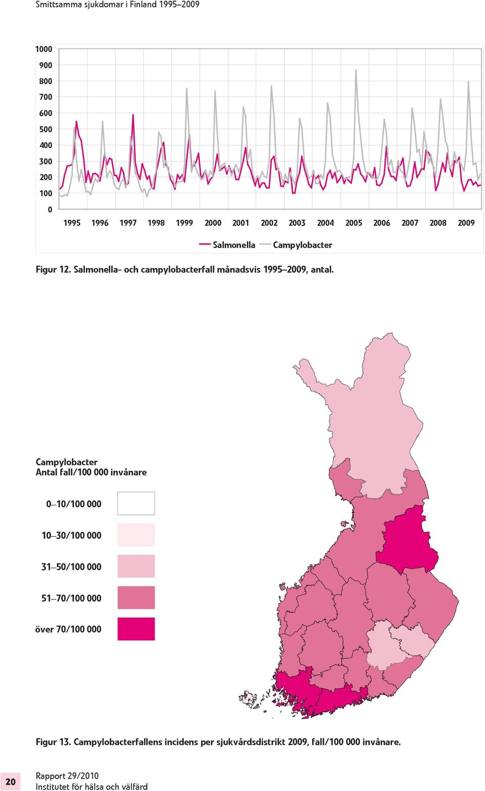 Salmonella- och campylobacterfall månadsvis 1995 2009, antal.