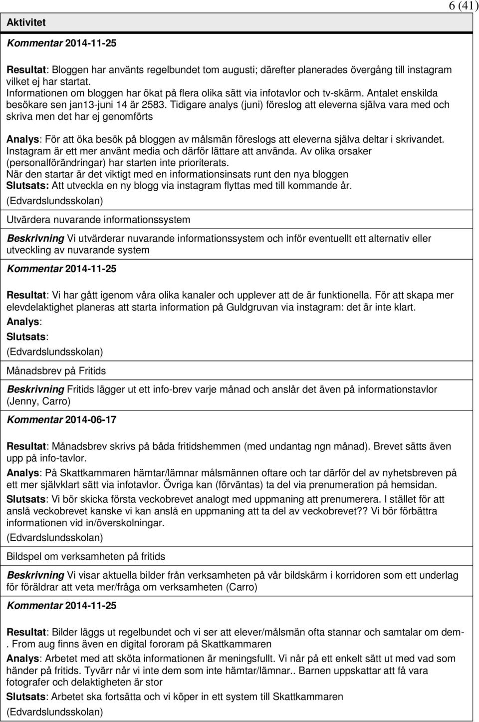 Tidigare analys (juni) föreslog att eleverna själva vara med och skriva men det har ej genomförts Analys: För att öka besök på bloggen av målsmän föreslogs att eleverna själva deltar i skrivandet.